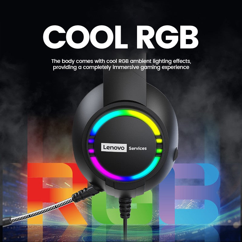 Fone de ouvido gamer com fio Lenovo E08 com microfone, luz RGB para computador e laptop, efeitos de som surround virtual 7.1, headset para E-sports