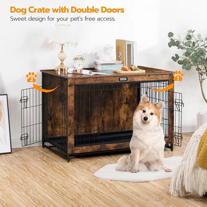 Large Dog Crate Furniture, Wooden Kennel with Pull-Out Tray, Rustic Brown, 38.6' for Medium/Small Dogs