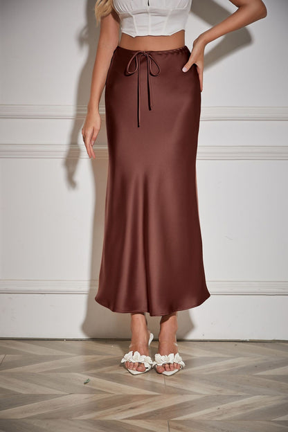 New In 2025 Spring Summer Solid Color Satin Long Skirt For Women High Waist Lace