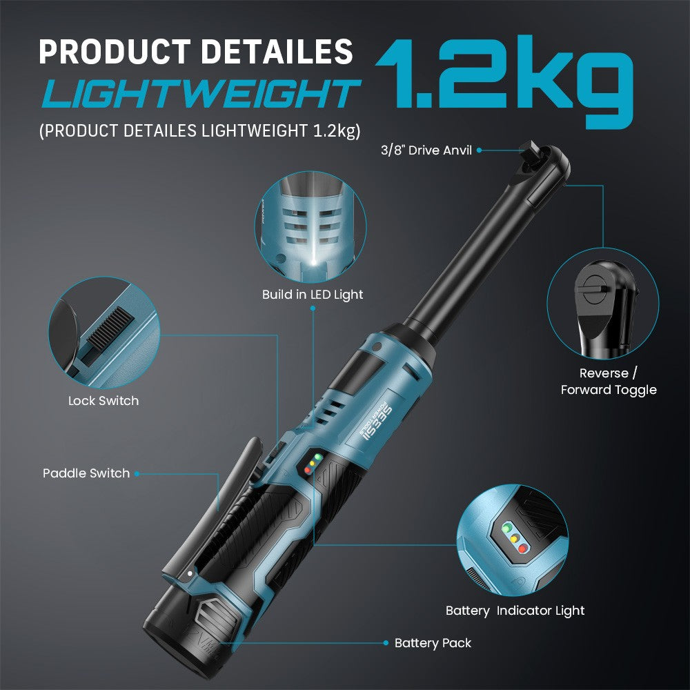 Chave Catraca Estendida SEESII 6" Chave Elétrica Sem Fio 3/8" 55Nm 12V Chave de Ângulo Recarregável Ferramentas para Reparo Automotivo c/2 Baterias