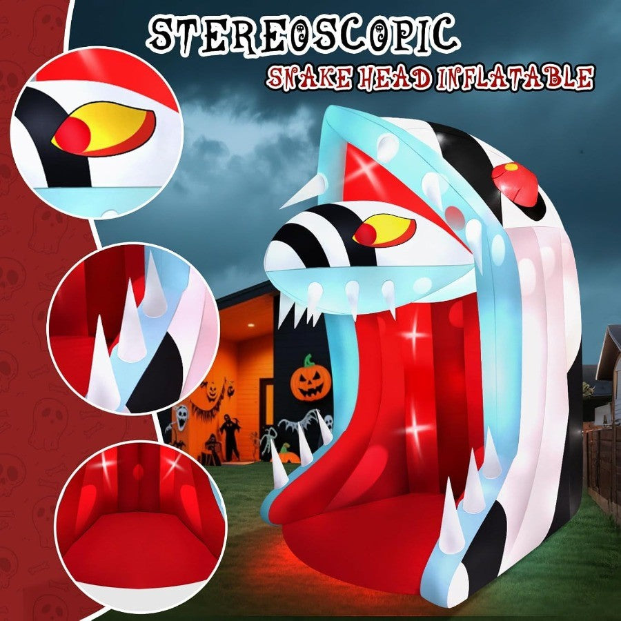 10FT Halloween Inflatable Snake Head with LED Light for Outdoor Yard Decoration Open Mouth and Sharp Teeth Design Perfect for H