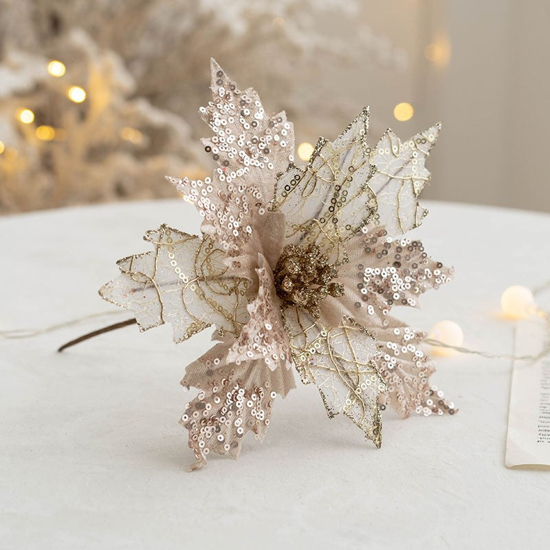 Gold Simulation Christmas Flower Christmas Tree Decorative Flower 20cm Sequin Velvet Ecoration