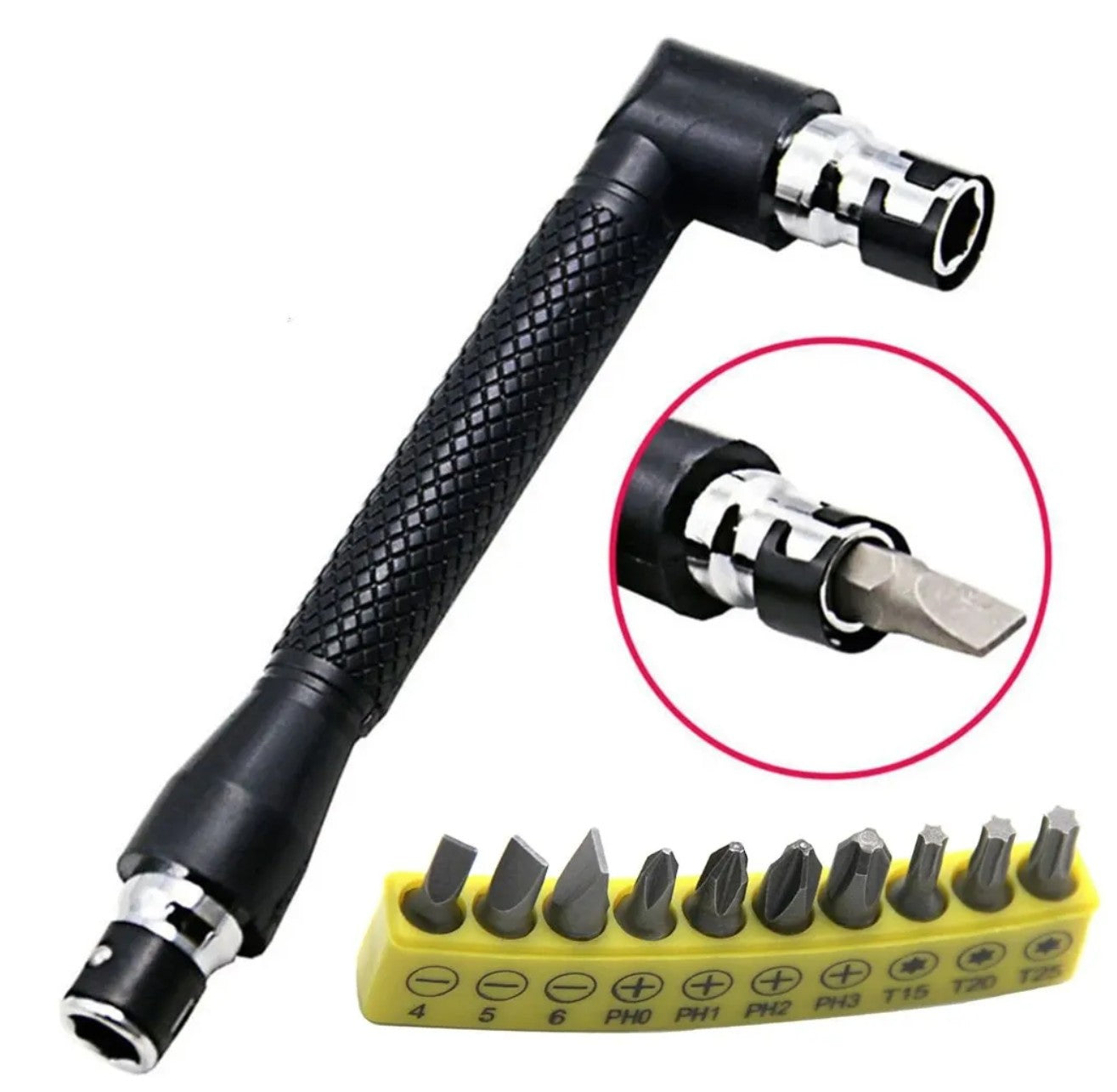 Chave de fenda hexagonal em L de 1/4 bits 90 graus de cabeça dupla preta 6,35 chave 10 peças fita amarela conjunto de ferramentas de chave de fenda