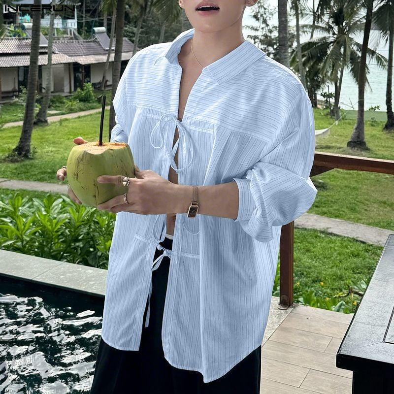 INCERUN Men Striped Shirt Lapel Long Sleeve Lace Up Hollow Out Men Clothing Oversize Korean Style Streetwear Casual Shirts Men