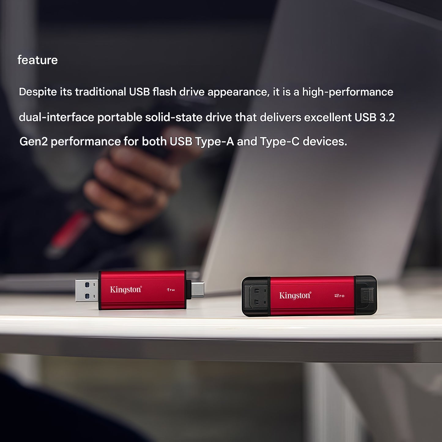 Pendrive USB de estado sólido portátil de alta capacidade Kingston, interface dupla USB 3.2/Gen2 Tipo-C, 1TB