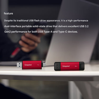 Pendrive USB de estado sólido portátil de alta capacidade Kingston, interface dupla USB 3.2/Gen2 Tipo-C, 1TB