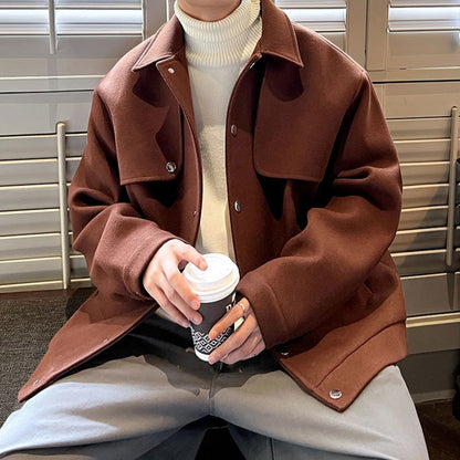 Winter Short Woolen Coat Men Warm Retro Thickened Woolen Jacket Men Streetwear Korean Loose Woolen Coat Mens Oversized Overcoat