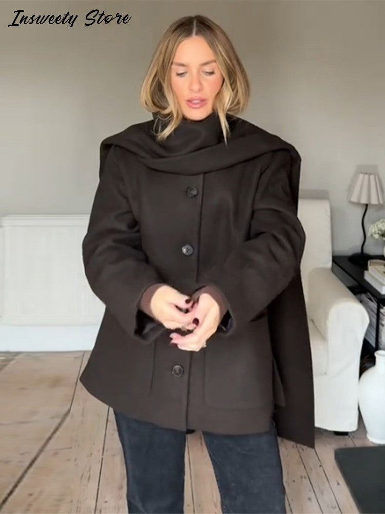 Fashion British Style Trench Coat with Detachable Scarf Women's Single Breasted Long Sleeve Jacket 2025 Winter Classic Outerwear