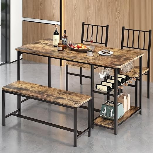 Dining Table Set for 4 with Chairs and Bench, 55" Kitchen Table Chairs Set of 4 with Wine Rack, Wine Glasses Holder, Small Dini