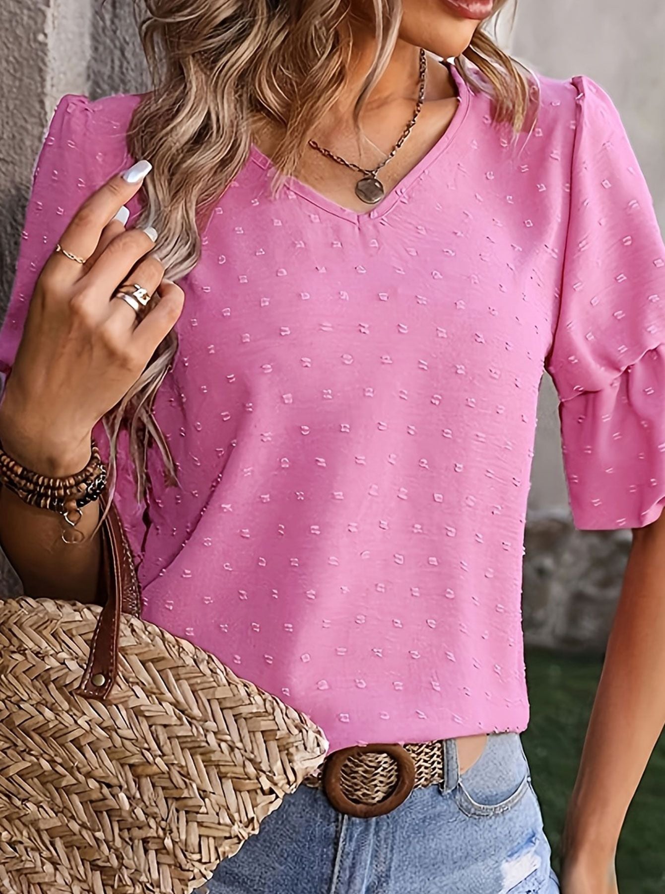 Pink Women's plus size shirt summer chic elegant shirt casual women's fashionable shirt Pink
