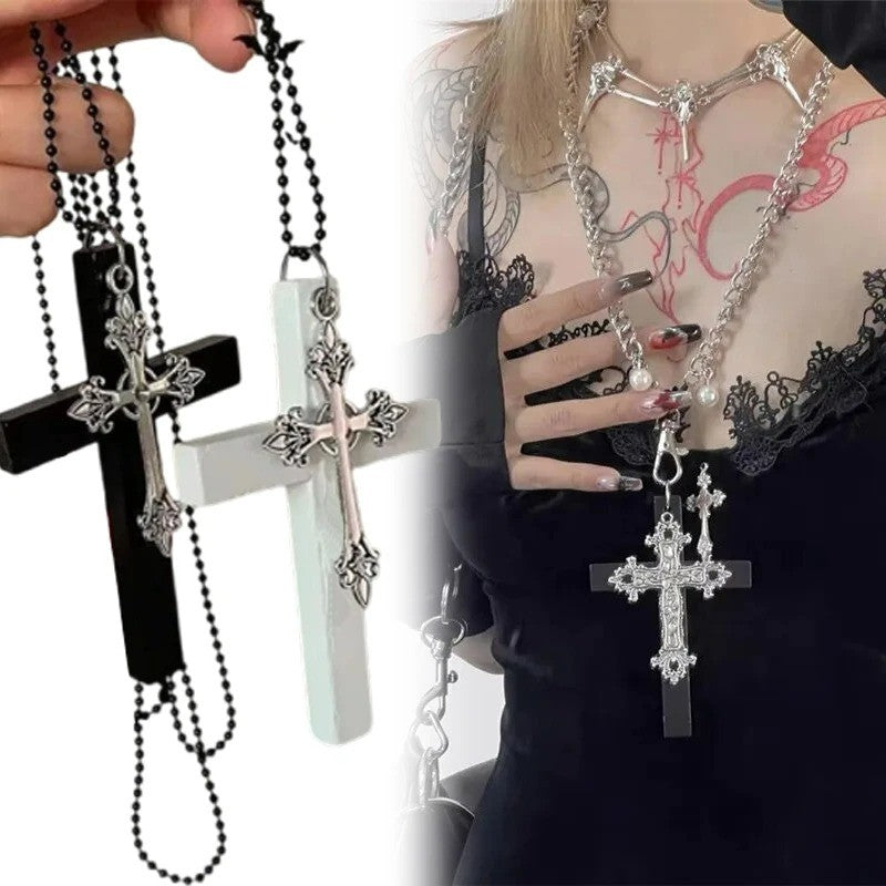 Personality Punk Trendy Cool Gothic Wood Cross Pendant NNecklace for Women Men Vintage Hip Hop Y2k Necklace Party Jewelry Gift