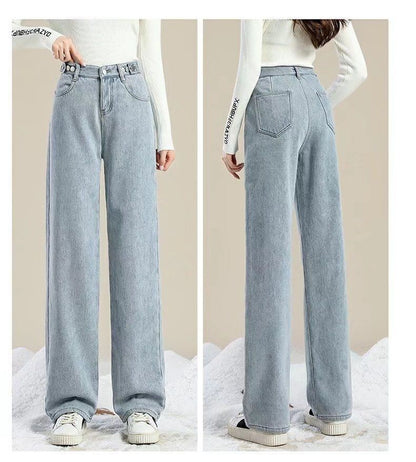 Thickened Fleece Lined Retro Women's Wide Leg Jeans Winter New Style Hong Kong Flavor Small Size Straight Cut Warm Trousers