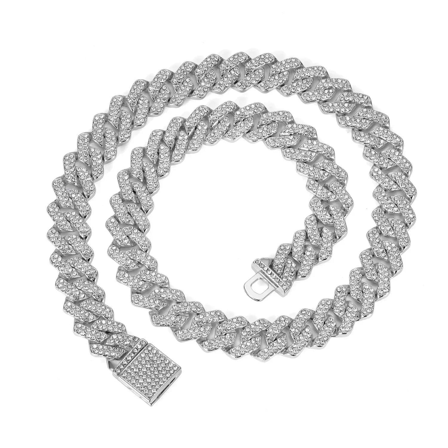 Hip Hop Brilhante Colar Corrente Cubana 15MM Feminino Masculino Cor Prata Strass Gelo Fora Corrente Cubana Punk Joias Colar Presente