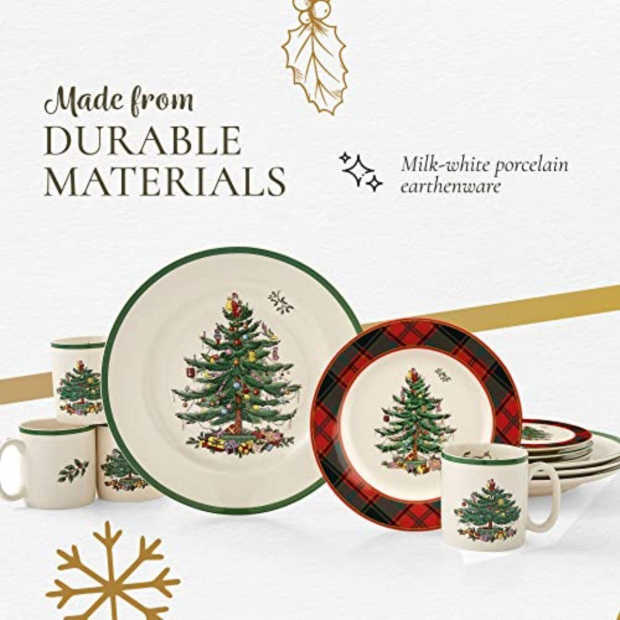 Christmas Tree 16-Piece Tartan Dinnerware Set (Service for 4) - Festive Holiday Tableware Collection with Plates, Bowls, Mugs -