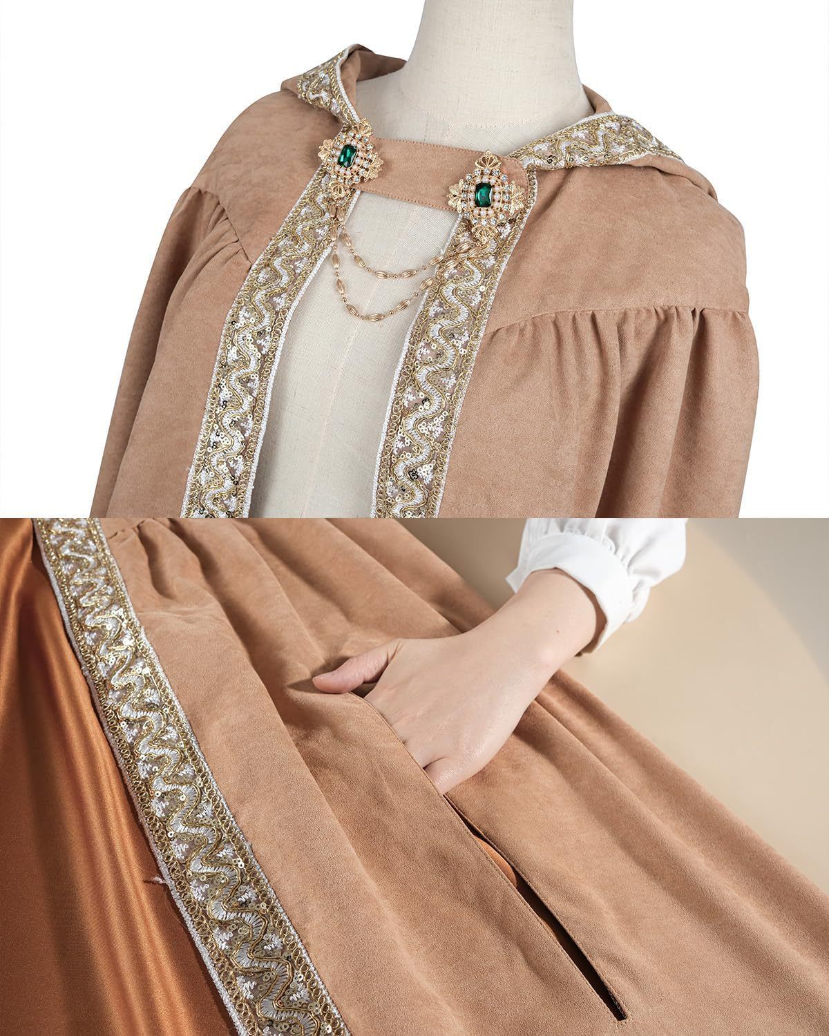 Medieval Lace Trim Hooded Cape 130cm Long Renaissance Wizard Witch Cloak Women Men Halloween Cosplay Costume