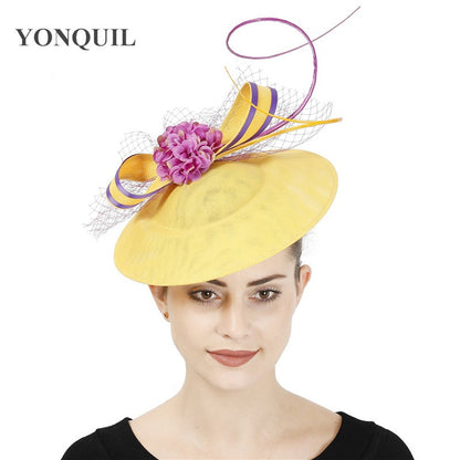 Novo Design Amarelo Com Cabelo Roxo Fascinator Chapéu Tiara Nupcial Casamento Festa Adereço de Cabelo Malha Senhoras Ocasião Acessórios de Cabelo