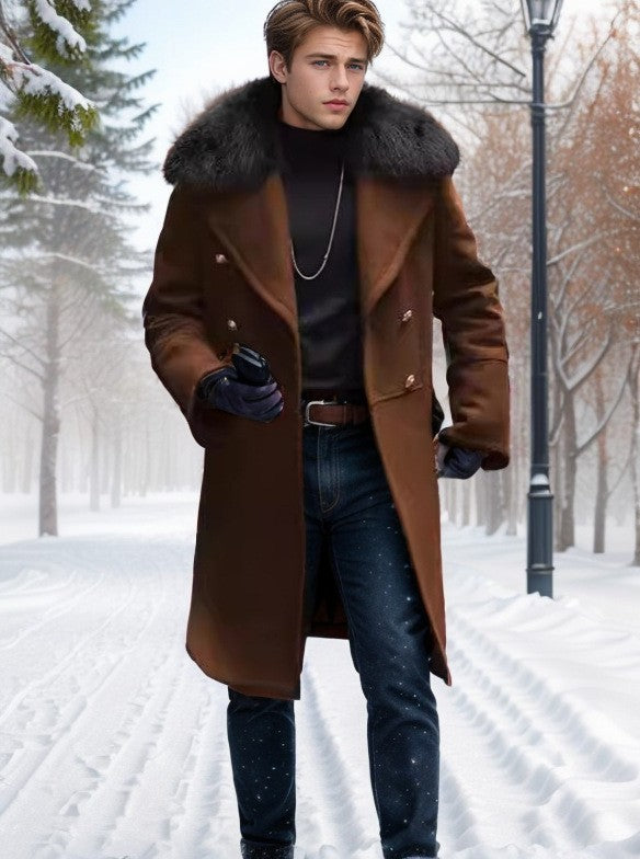 European and American Men's Casual Woolen Coat for Autumn and Winter, Young Men's Double-breasted Fur Collar Overcoat S-5XL