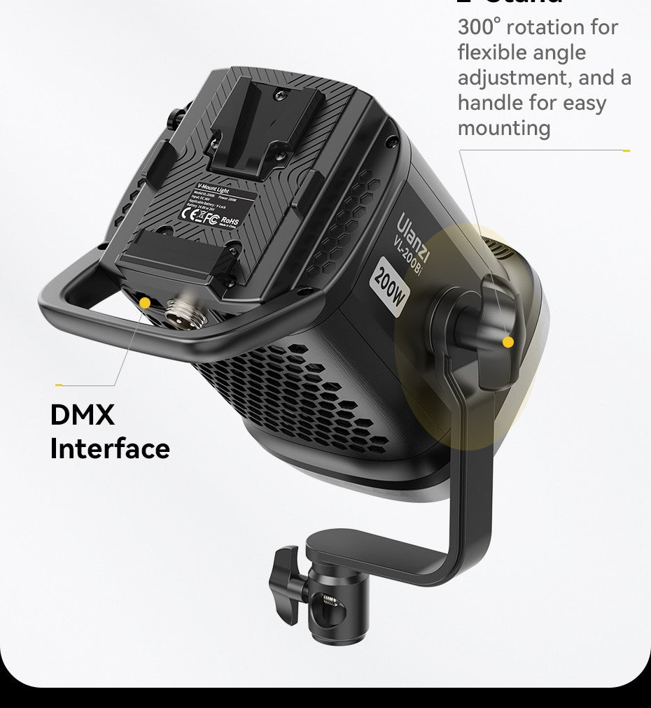 Ulanzi VL-200Bi 200W V-Mount Video Light with Wireless Control CRI 95+ 2700K-6500K CCT for Livestreaming Photography COB Light