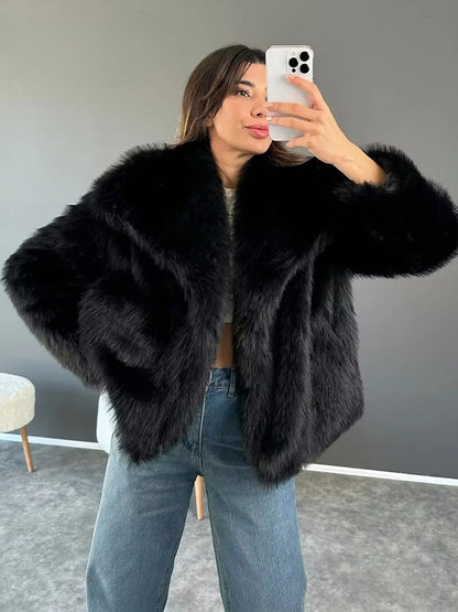 DUOPERI Women Fashion Winter Solid Thick Warm Faux Fur Coat Lapel Collar Long Sleeves Female Chic Lady Casual Outfits
