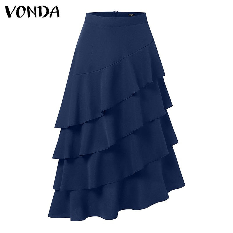 VONDA Plus Size Women Party Skirt 2024 Street High Waist Fashion Multi Layered Ruffled Hem Long Maxi Skirts Elegant Swing Bottom