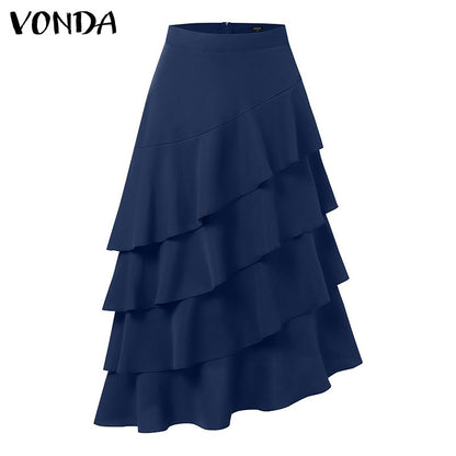 VONDA Plus Size Women Party Skirt 2024 Street High Waist Fashion Multi Layered Ruffled Hem Long Maxi Skirts Elegant Swing Bottom