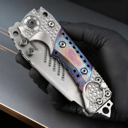 High-end handcrafted heavy-duty folding knife, titanium alloy handle and titanium-baked blue surface, collectible knife, men's g