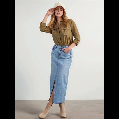 CGS-Women Double Pockets Spliced Decoration Denim Shirt Jacket Single-Breasted Lapel Casual Female Tops