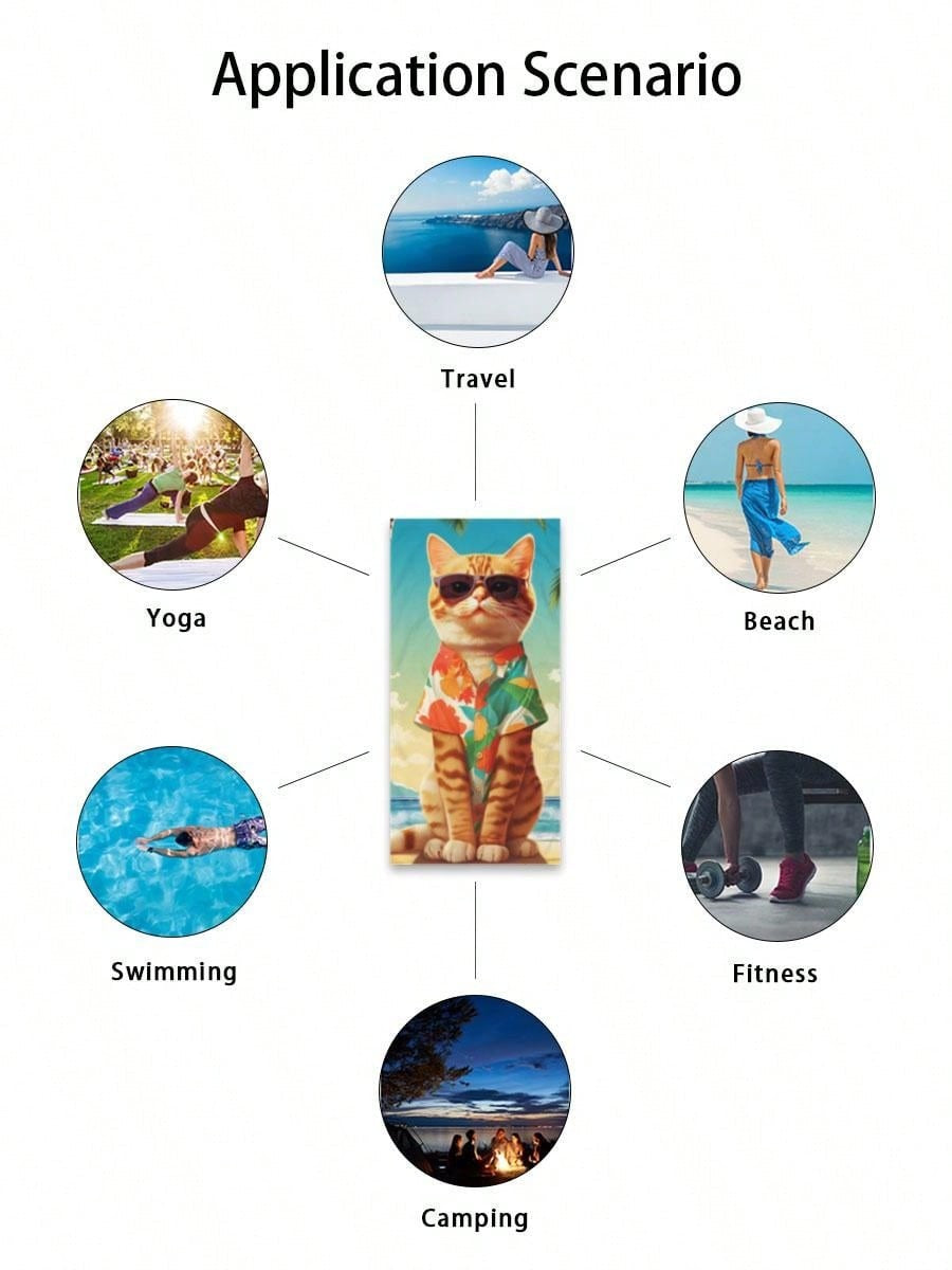 1pc Animal Cat Pattern Printed Superfine Fiber Quick Drying Beach Towel For Swimming, Bath, Outdoor Travel
