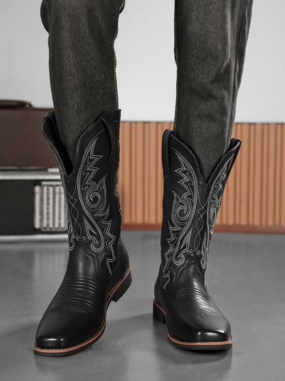 Men's Creative Pattern Embroidered Vintage Lace-Up Boots Wide-Toe Men's Cowboy Boots High-Top Riding Boots Extra Large Sizes