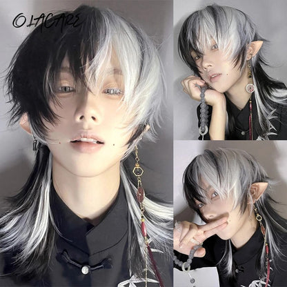 OLACARE Perucas Curta Mullet com Franja Sintética Reta Anime Masculina Preto Branco Cinza Verde Peruca de Cabelo para Festa Diária Cosplay