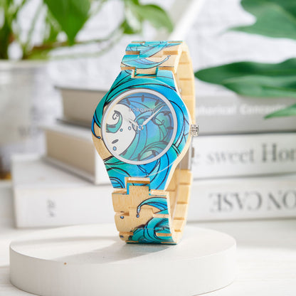 BOBOBIRD Women's Wooden Wristwatch Artistic Ladies Bamboo Quartz Watches Unique Illustration Eco-Friendly Timepieces for Women