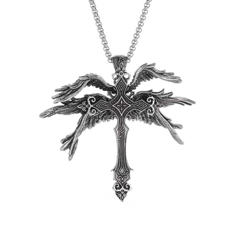 Colar com Pingente de Cruz de Asas de Jesus Gótico Retrô, Joia para Homens e Mulheres, Grande, Vintage, Punk Escuro, Amuleto Religioso, Presentes