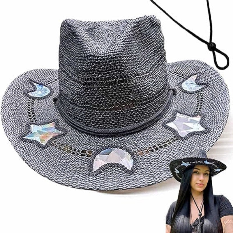 Chapéus de Sol Femininos de Praia de Verão com Lantejoulas de Estrela da Lua, Estilo INS, Chapéu de Sol de Palha Vazado Boêmio Ocidental Estilo Cowgirl