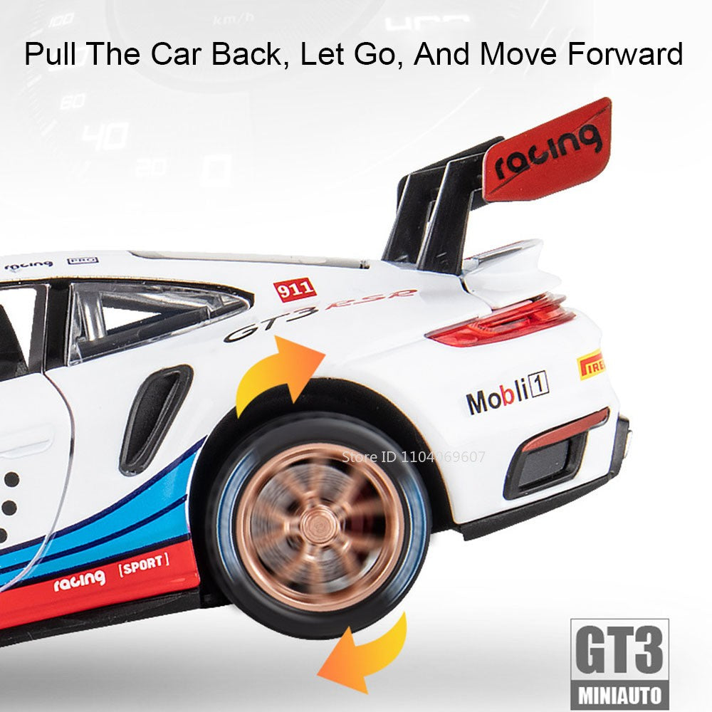 1:32 911 GT3 RSR Miniature Sports Car Model Toys Alloy Diecast Vehicles 4 Doors Opened Pull Back Sound Light Supercar Boys Gifts