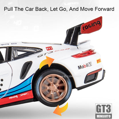 1:32 911 GT3 RSR Miniature Sports Car Model Toys Alloy Diecast Vehicles 4 Doors Opened Pull Back Sound Light Supercar Boys Gifts