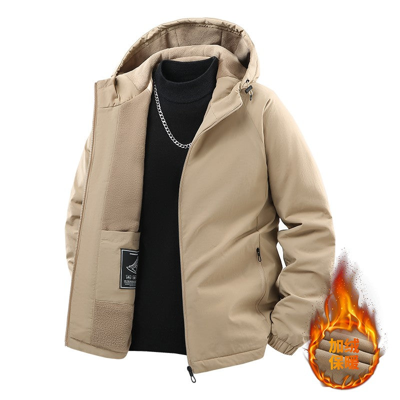 Jaqueta de Pesca Masculina Externa Capuz Larga Forro Polar Grosso Casaco Outono Inverno Jaqueta Casual Simples Versátil Casaco Acolchoado de Algodão