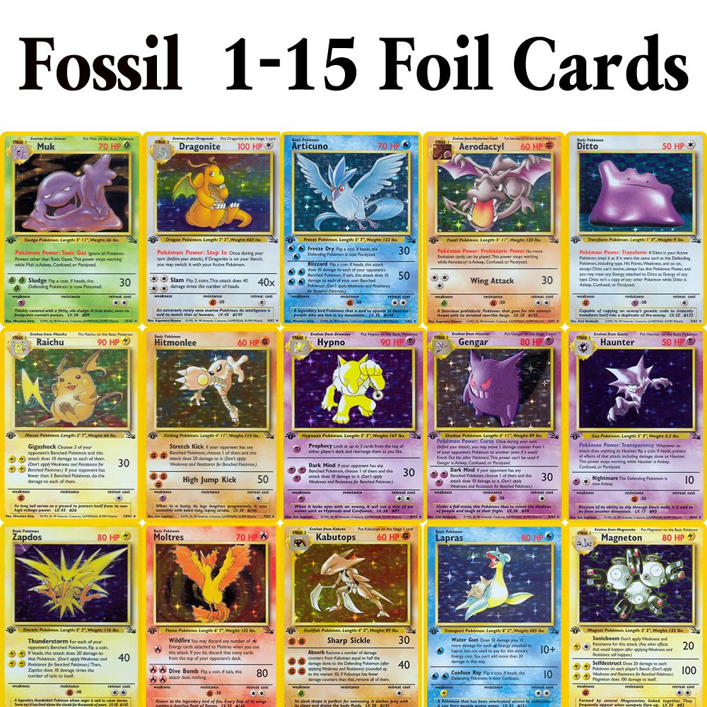 PKM Cartas de Jogo Proxy Foil Conjunto Completo Team Rocket (RO) Jungle (JU) Base Set (BS) Fossil (FO) TCG Colecionável Brinquedo e Presente Pokemon