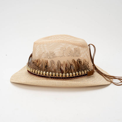 Vintage Style Women Men Feather Hat Elegant Mesh Wide Brim Sun Hat for Casual Party and Outdoor Events