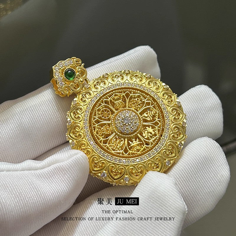 Gold shop 9999 24K real gold Chinese large rotating filigree Ruyi dot diamond eight treasure compass pendant weaving rope