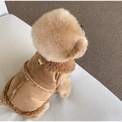 Colete Clássico para Cães de Cor Lisa, Outono/Inverno, de Lã, Quente, para Pets Pequenos e Médios, Jaqueta Colete Quente com Fivela de Tração, Roupas de Veludo