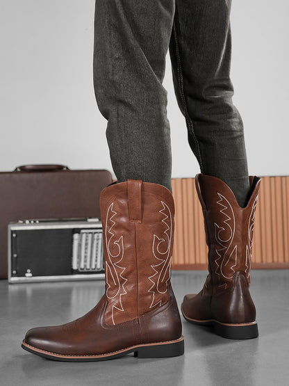 Men's Creative Pattern Embroidered Vintage Lace-Up Boots Wide-Toe Men's Cowboy Boots High-Top Riding Boots Extra Large Sizes