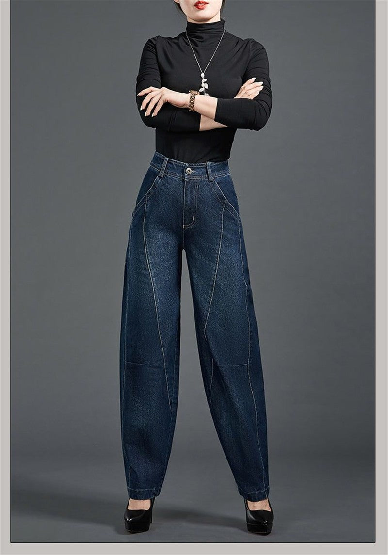Autumn Winter High Waisted Women Jeans Casual Loose Embroidery Bloomers Trousers Female Fashion Wide Leg Denim Pants Blue