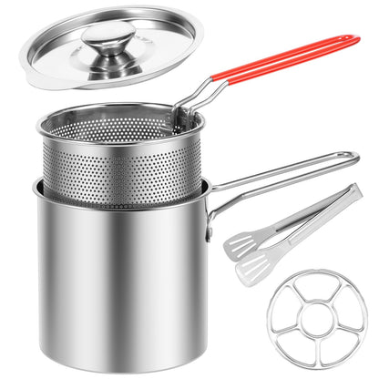 Deep Fryer with Strainer Basket and Handle Stainless Steel Fry Pot Food Grade Outdoor Fryer with Lid Portable Food Cooking Pot