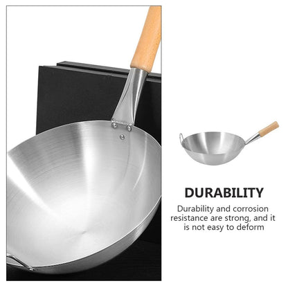 Wok de Aço Inoxidável com Cabo de Faia Anti-Queimadura Fundo Redondo Utensílio de Cozinha para Fogões a Gás 32cm