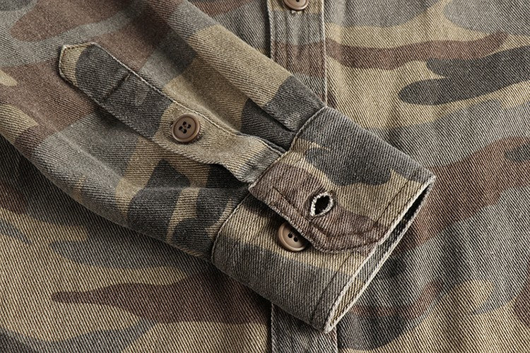 May Khaki wash vintage thick woven cotton cargo long sleeve shirt men's autumn and winter casual shirt coat