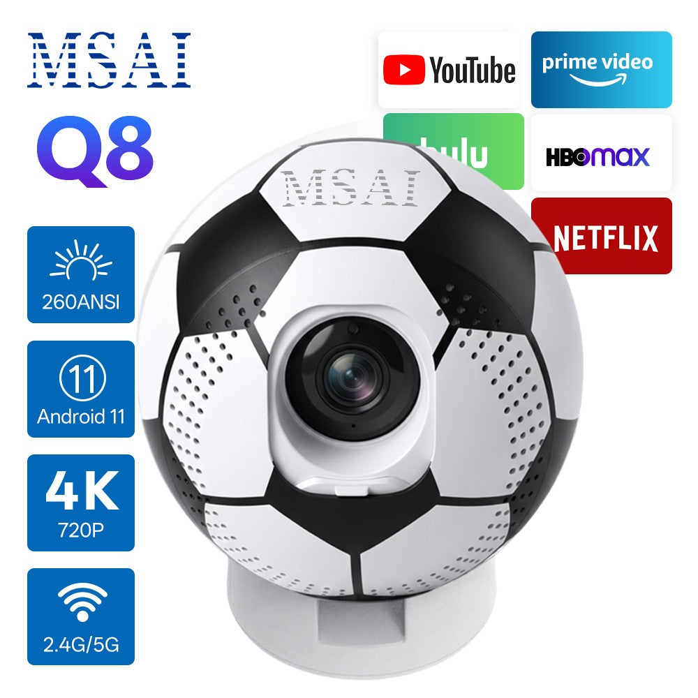 MSAI Soccer Q8 Projector 4K 720P Android 12 Auto Focus Dual-Band WiFi Multi-Language Projector for Camping Bedroom Outdoor Movie