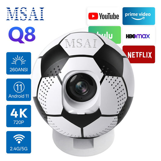 MSAI Soccer Q8 Projector 4K 720P Android 12 Auto Focus Dual-Band WiFi Multi-Language Projector for Camping Bedroom Outdoor Movie
