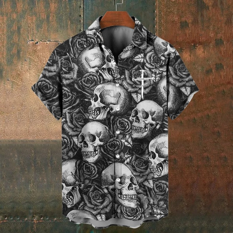 Retro Men's Shirts Small Skull Print Short Sleeve Loose Oversized Hawaiian Shirt Fashion Man Clothes Skull Black Shirts For Men