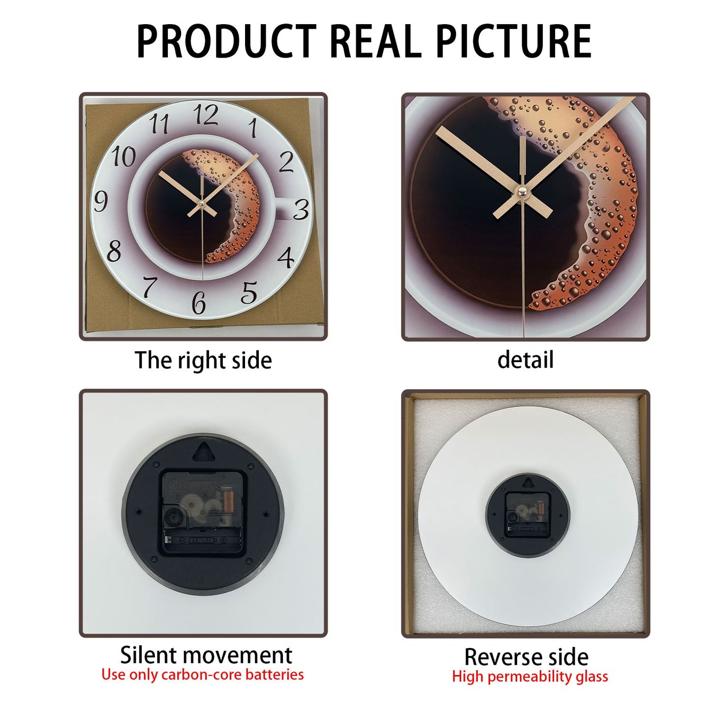 A Modern American Coffee Cup Pattern 4mm Thickeneded Tempered Glass Wall Clock Living Room Bedroom Kitchen Home Decoration Wall Clock Silent Quartz Clock Holiday Gift 12 Inches 14 Inches 16inch (Without Battery)