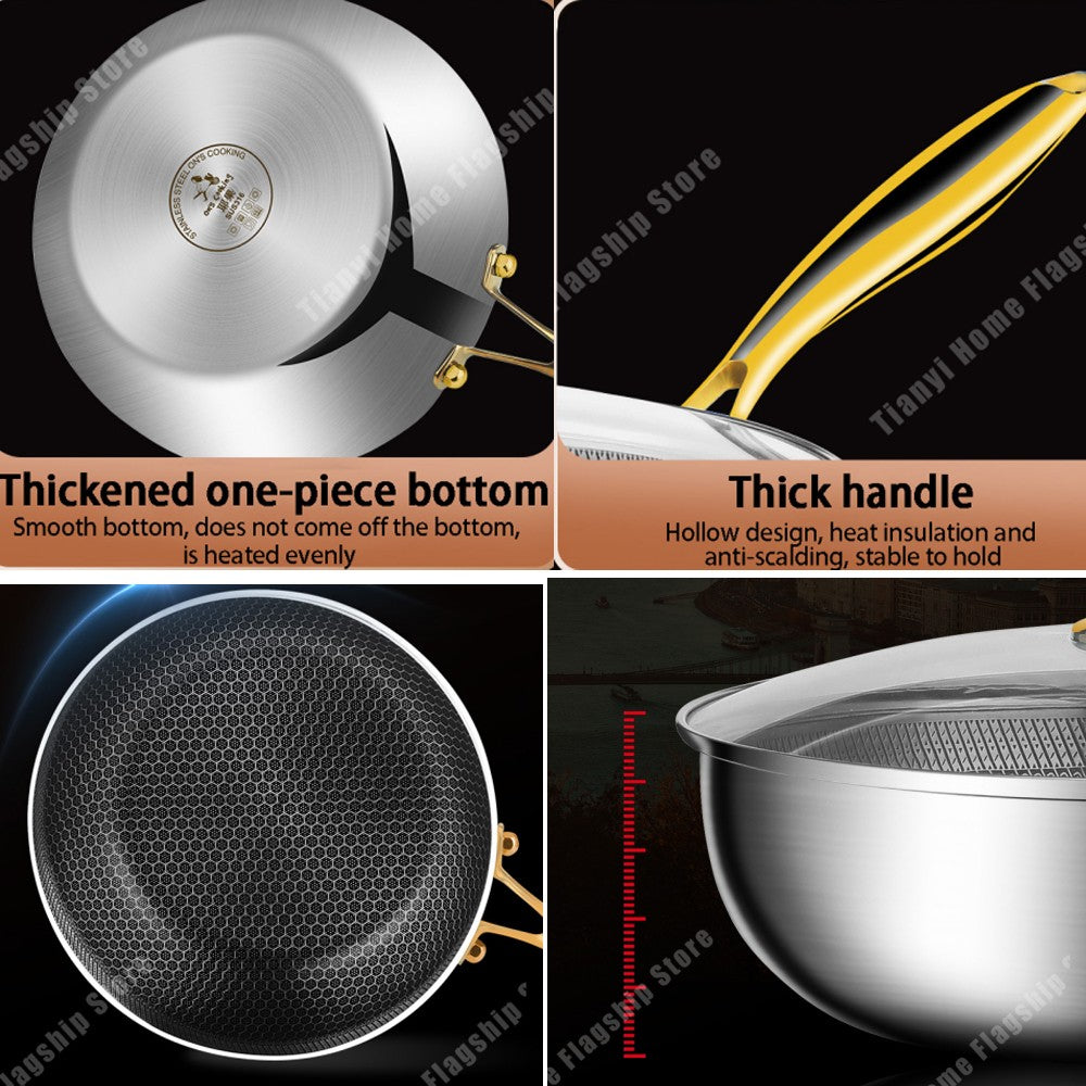 Panela Wok de Aço Inoxidável 316 Antiaderente Favo de Mel para Cozinhar Bife Fogão a Gás Panela de Indução Geral Utensílio de Cozinha